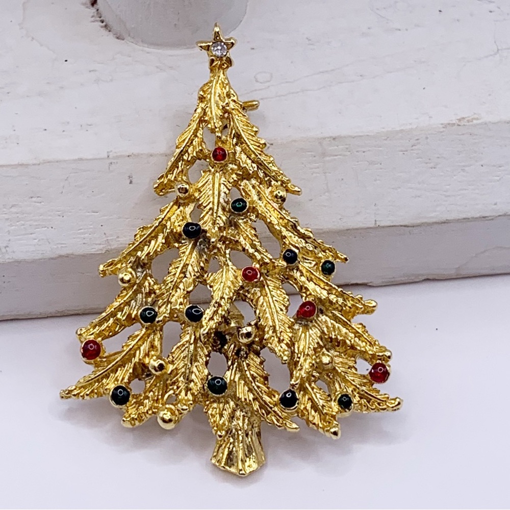 Vintage Christmas tree brooch with rhinestone Star and enamel balls